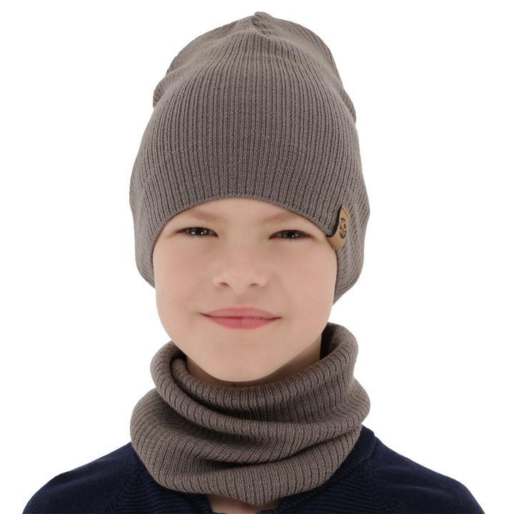 Herbst und Frühlingsset Jungen: Mütze und Schlauchschal 100% extrafeine Merinowolle Beige Richi