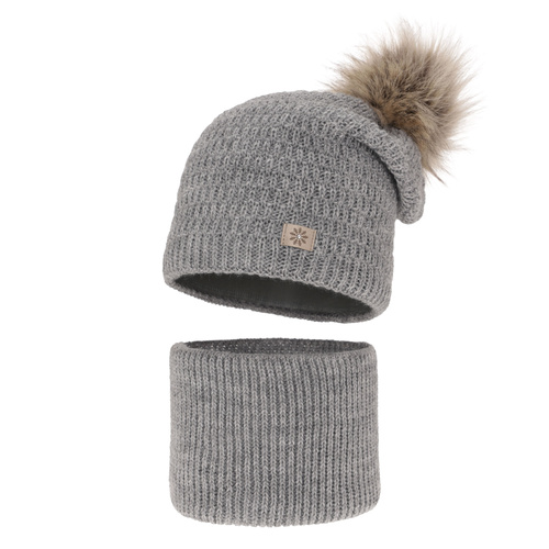 Winterset Mädchen: Mütze und Schlauchschal mit Bommel Grau Germina