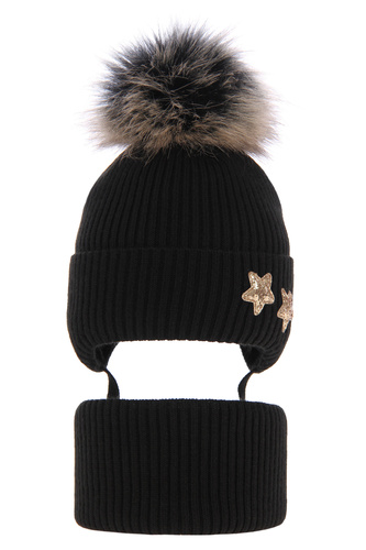 Winterset Mädchen: Mütze und Schlauchschal mit Bommel Schwarz Delicja