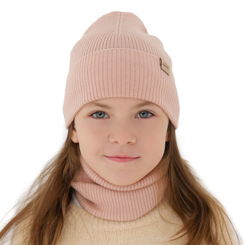 Herbst und Frühlingsset Mädchen: Mütze und Schlauchschal, beige, 100% Merinowolle, Magenta