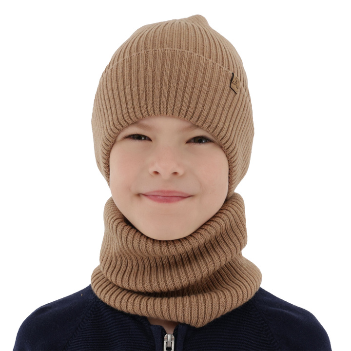 Herbst und Frühlingsset Jungen: Mütze und Schlauchschal 100% extrafeine Merinowolle Camel Lemas