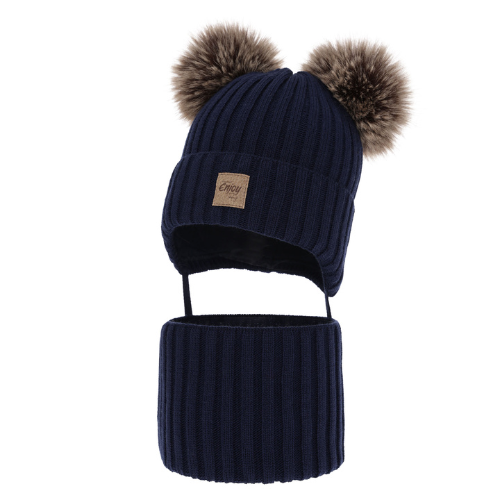 Winterset für Jungen: Mütze und Schlauchschal mit zwei Bommeln Navy Blau Orange