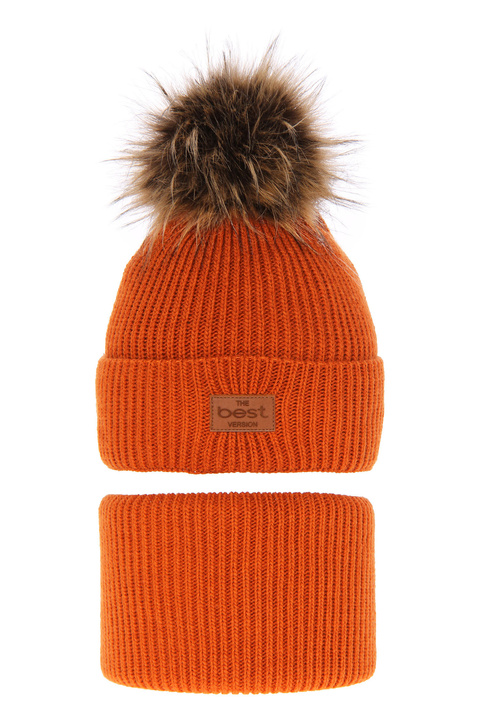 Winterset Jungen: Mütze und Schlauchschal mit Bommel Orange Opal