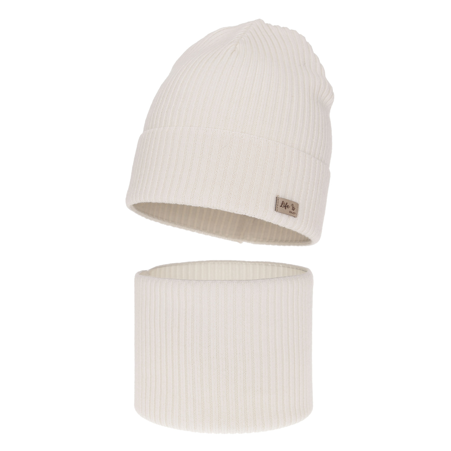 Herbst und Frühlingsset Mädchen: Mütze und Schlauchschal 100% extrafeine Merinowolle Weiß Itra