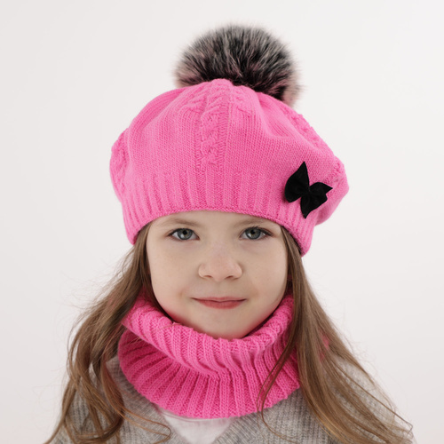 Winterset Mädchen: Mütze und Schlauchschal mit Bommel Rosa Amora