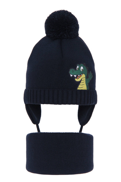 Winterset Jungen: Mütze und Schlauchschal mit Bommel Navy Blau Damir