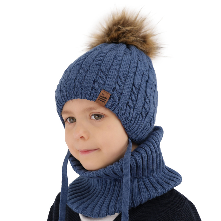 Winterset für Jungen: Mütze und Schlauchschal mit Bommel in Beige Indigo