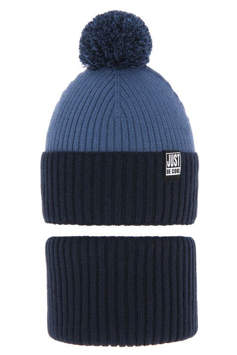 Winterset Jungen: Mütze und Schlauchschal mit Bommel Navy Blau Arlekin