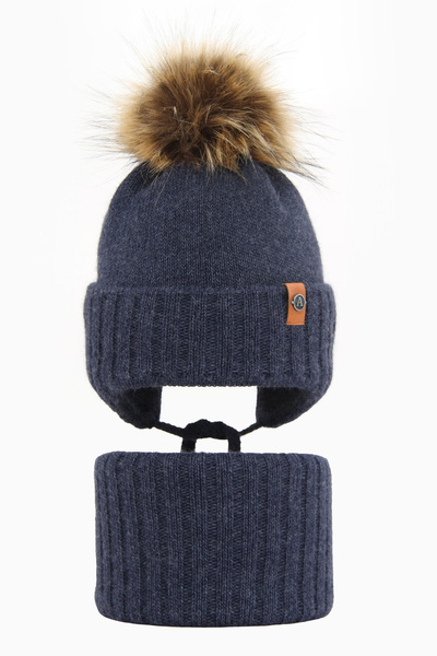 Winterset Jungen: Mütze und Schlauchschal mit Bommel Navy Blau Dominik