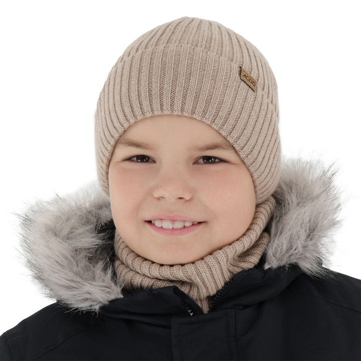 Winterset Jungen: Mütze und Schlauchschal, 100% Merinowolle, mit Merinowolle Futter, beige, Domin