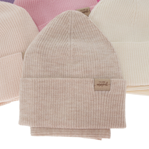 Herbst und Frühlingsset Mädchen: Mütze und Schlauchschal, beige, 100% Merinowolle, Magenta