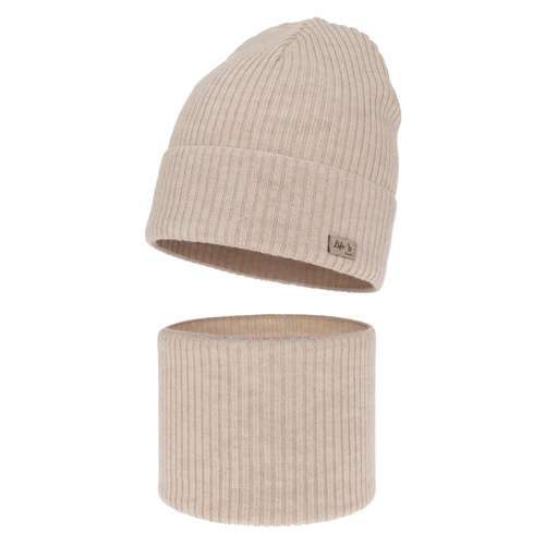 Herbst und Frühlingsset Mädchen: Mütze und Schlauchschal 100% extrafeine Merinowolle Beige Itra