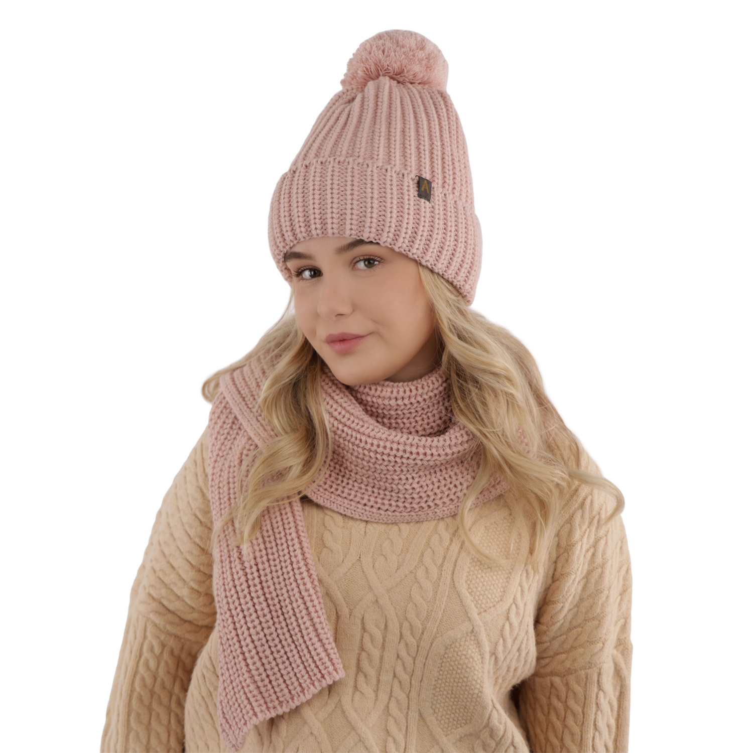 Winterset Damen: Mütze und Schal mit Bommel Beige Lupita