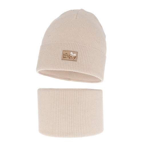 Herbst und Frühlingsset Mädchen: Mütze und Schlauchschal, mit Baumwolle, Beige Alisa