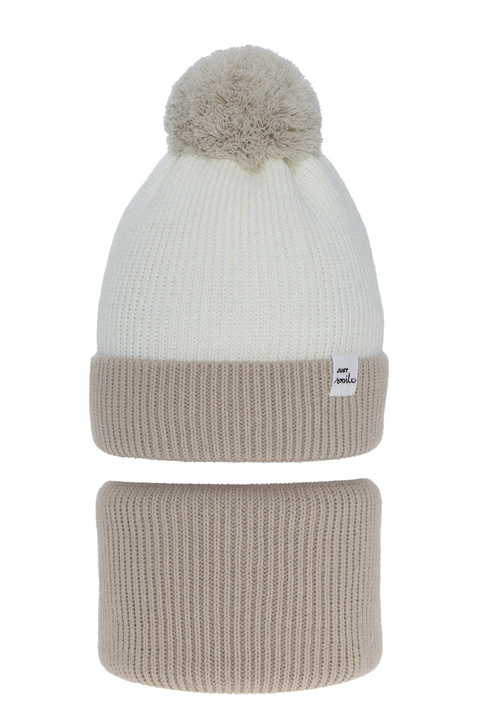 Winterset Mädchen: Mütze und Schlauchschal mit Bommel Beige Rosalin
