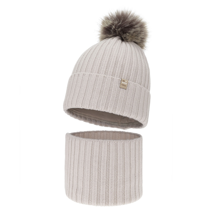 Winterset Mädchen: Mütze und Schlauchschal, beżowy, 100% Merinowolle, Baumwollfutter, mit Bommel, Terida