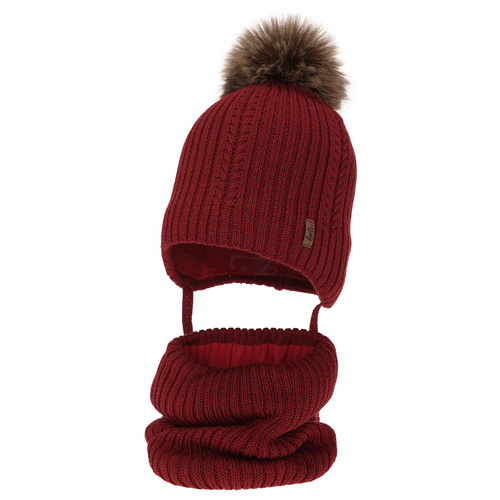 Mütze und Halswärmer für Jungen, Winter-Set, Burgunder, mit Merinowolle, zum Binden Zongo