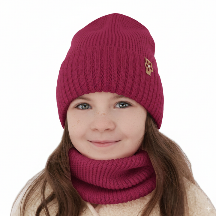 Winterset Mädchen: Mütze und Schlauchschal 100% extrafeine Merinowolle Amaranth Nelita