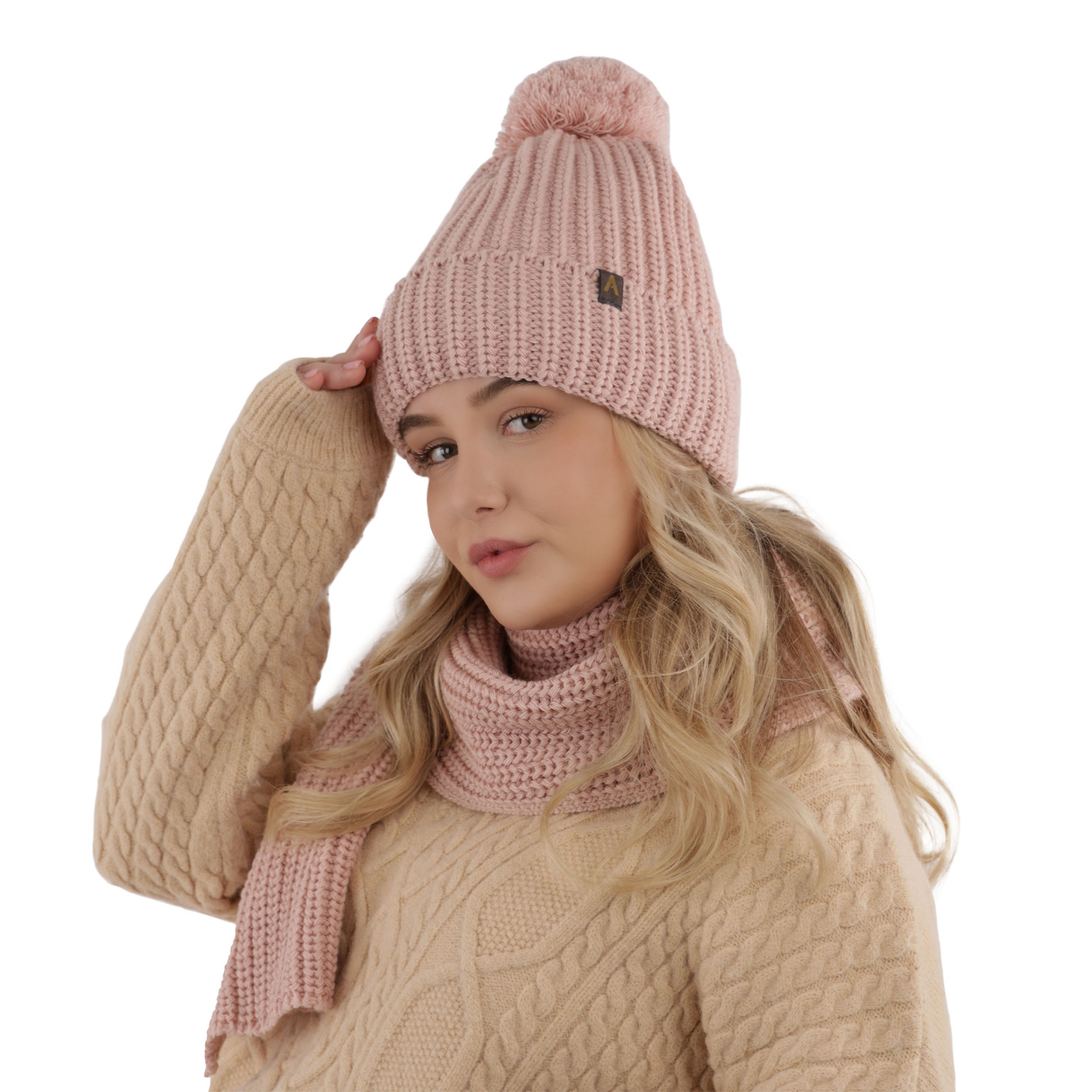 Winterset Damen: Mütze und Schal mit Bommel Rosa Lupita