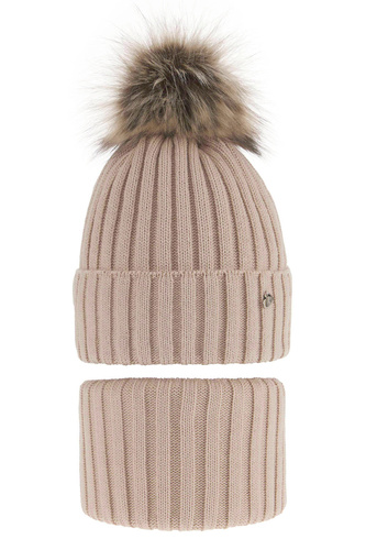 Winterset Mädchen: Mütze und Schlauchschal mit Bommel Beige Wilma