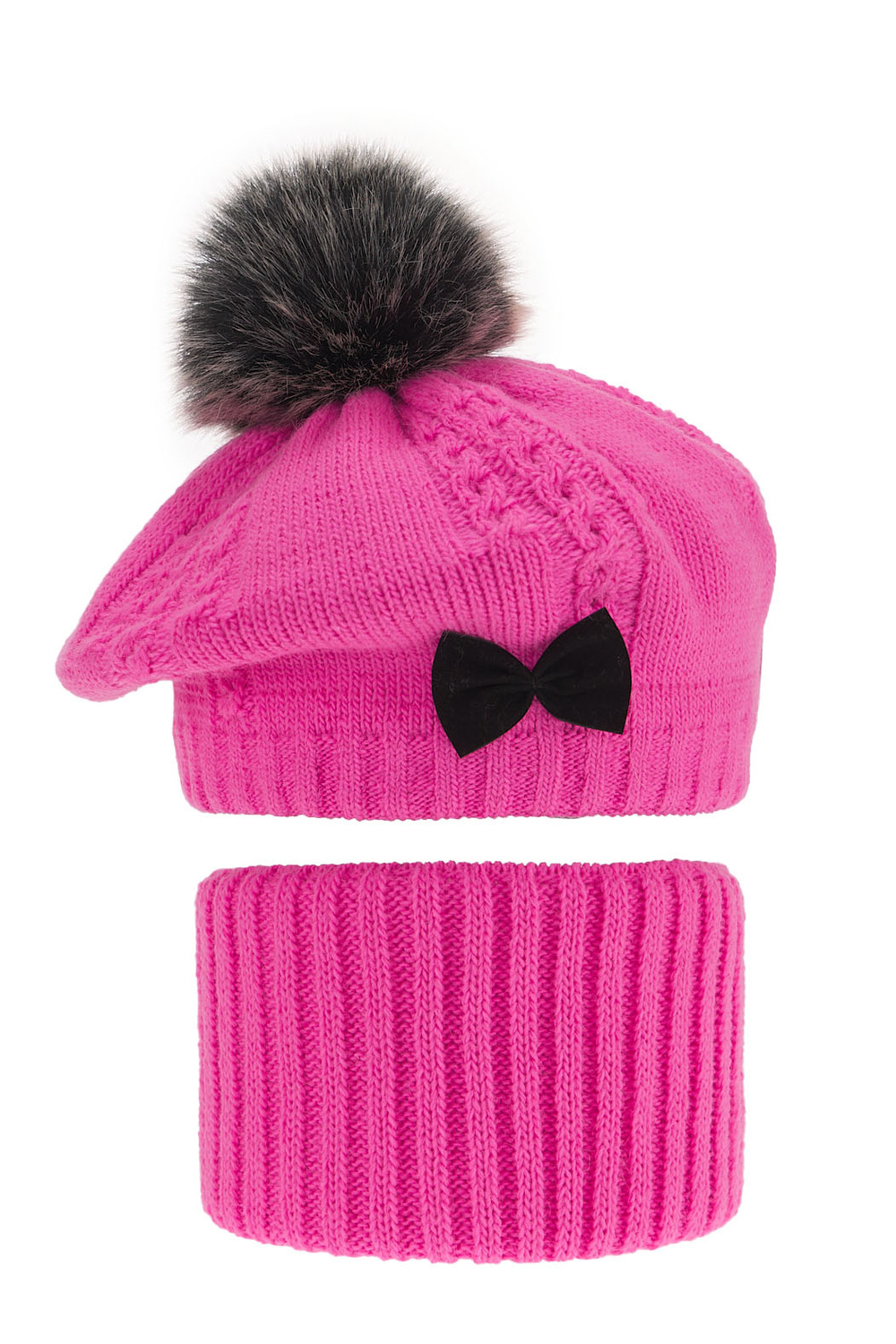 Winterset Mädchen: Mütze und Schlauchschal mit Bommel Rosa Amora