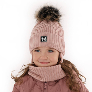 Winterset Mädchen: Mütze und Schlauchschal mit Bommel Beige Kinia