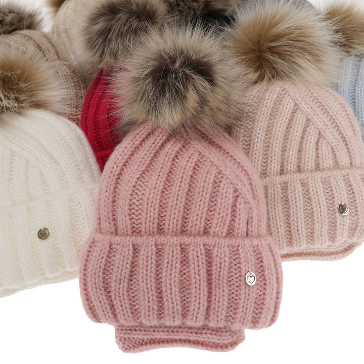 Winterset Mädchen: Mütze und Schlauchschal mit Bommel Rosa Polaris