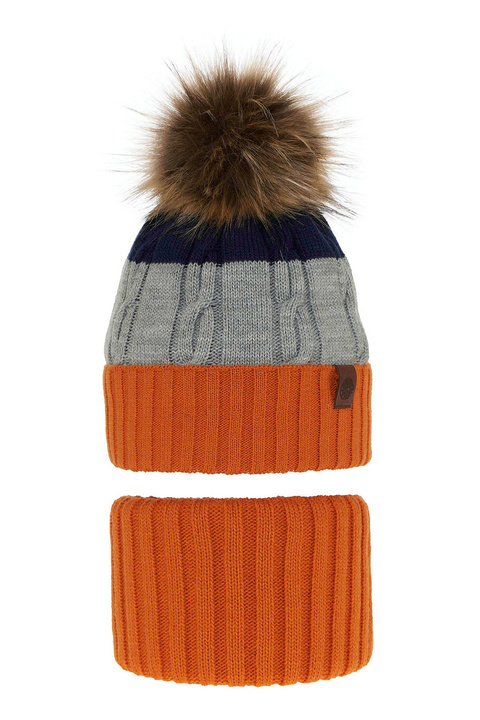 Winterset Jungen: Mütze und Schlauchschal mit Bommel Orange Karmel