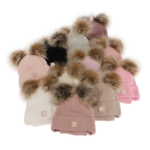 Winterset Mädchen: Mütze und Schlauchschal mit zwei Bommeln Beige Kiara