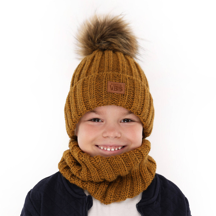 Winterset Jungen: Mütze und Schlauchschal mit Bommel Braun Remes