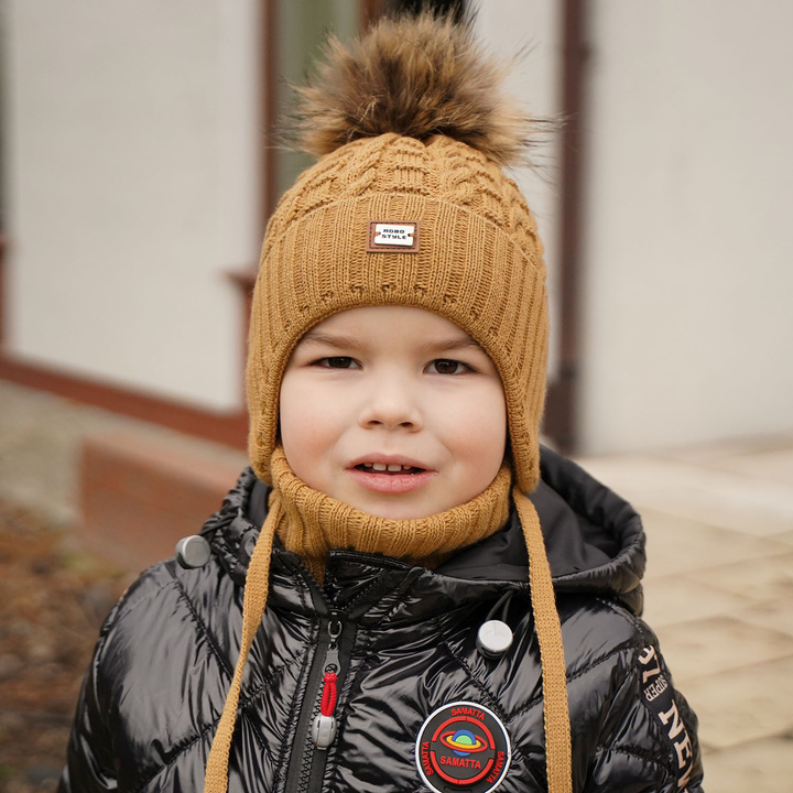 Winterset Jungen: Mütze und Schlauchschal mit Bommel Rot Salwador