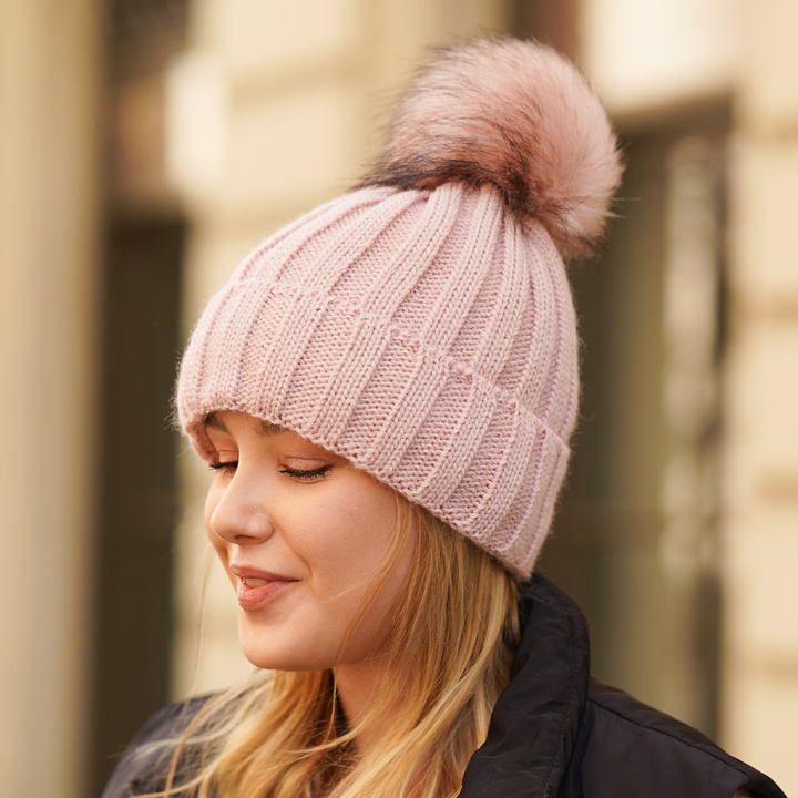 Wintermütze Damen mit Bommel Beige Mokka