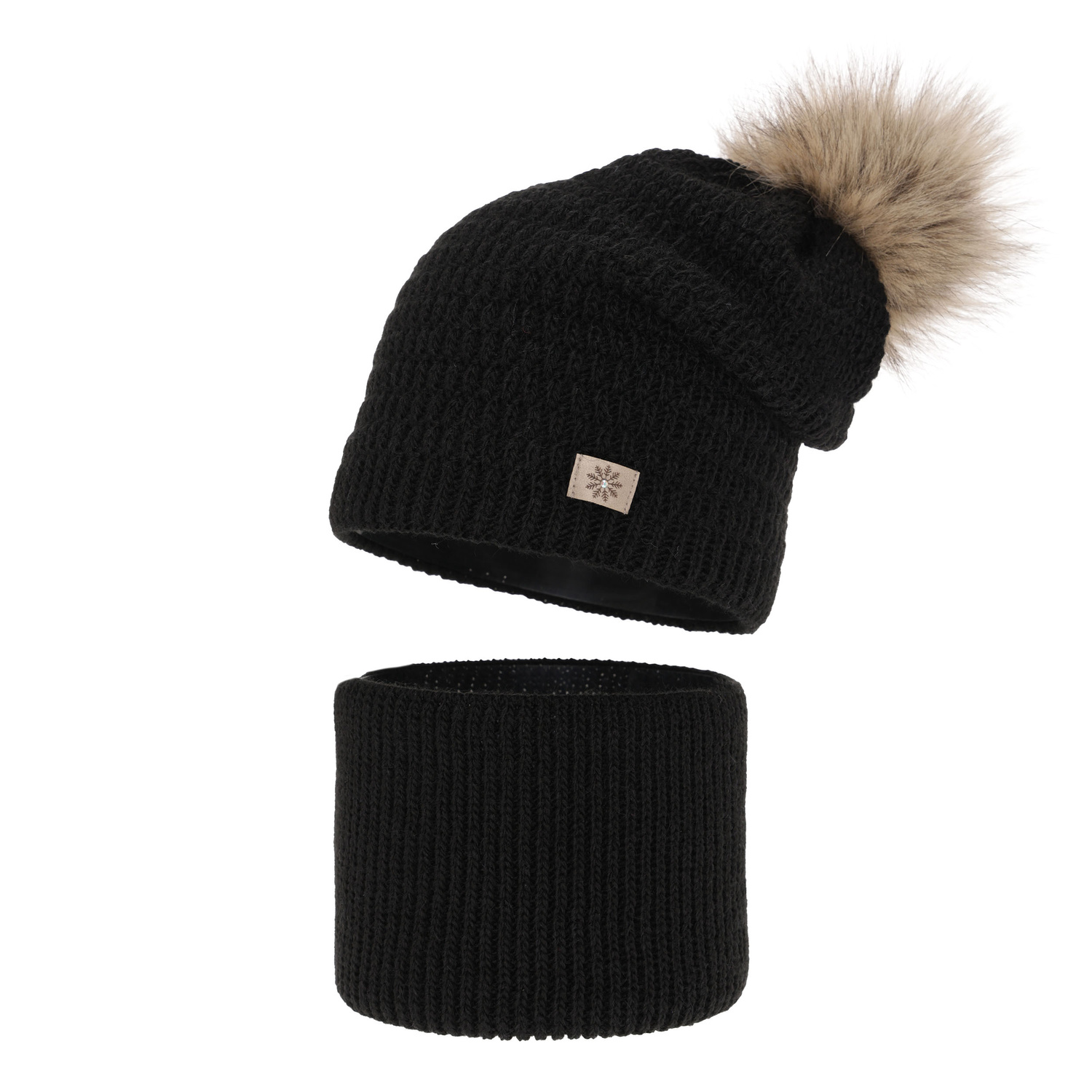 Winterset Mädchen: Mütze und Schlauchschal mit Bommel Schwarz Germina