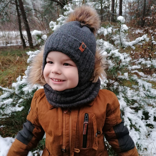Winterset Jungen: Mütze und Schlauchschal mit Bommel Grau Dominik