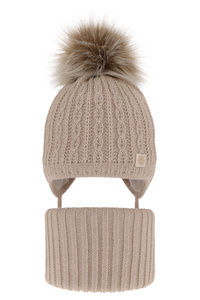 Winterset für Mädchen: Mütze und Schlauchschal mit Bommel in Beige Passa