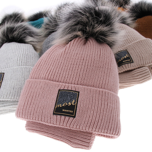 Winterset Mädchen: Mütze und Schlauchschal mit Bommel Honig Sycylia