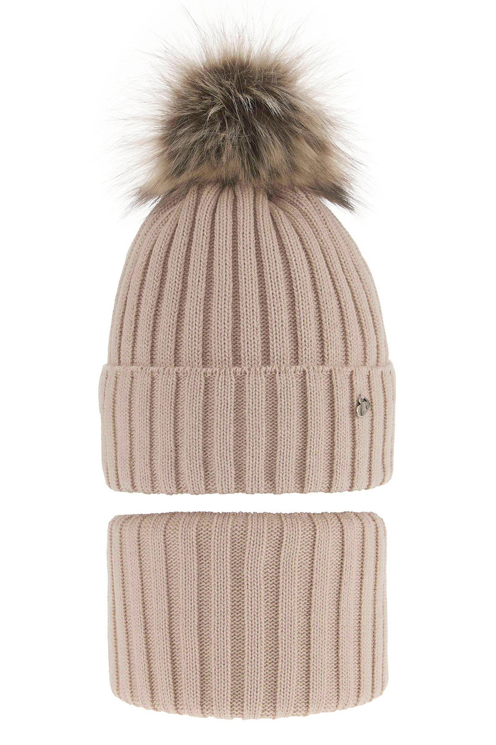 Winterset Mädchen: Mütze und Schlauchschal mit Bommel Beige Wilma