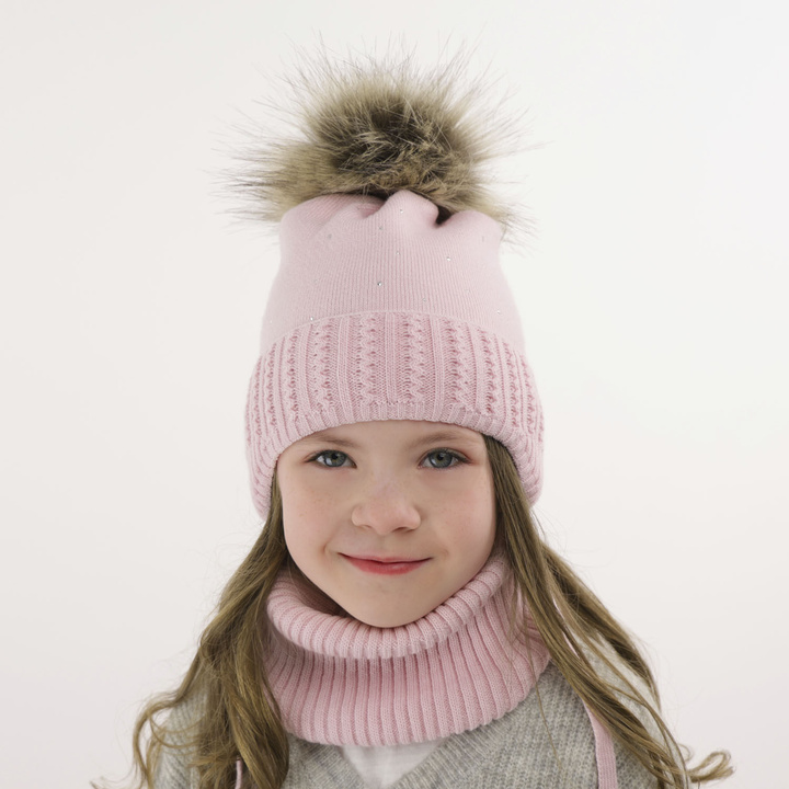 Winterset für Mädchen: Mütze und Schlauchschal mit Bommel in Beige Renia