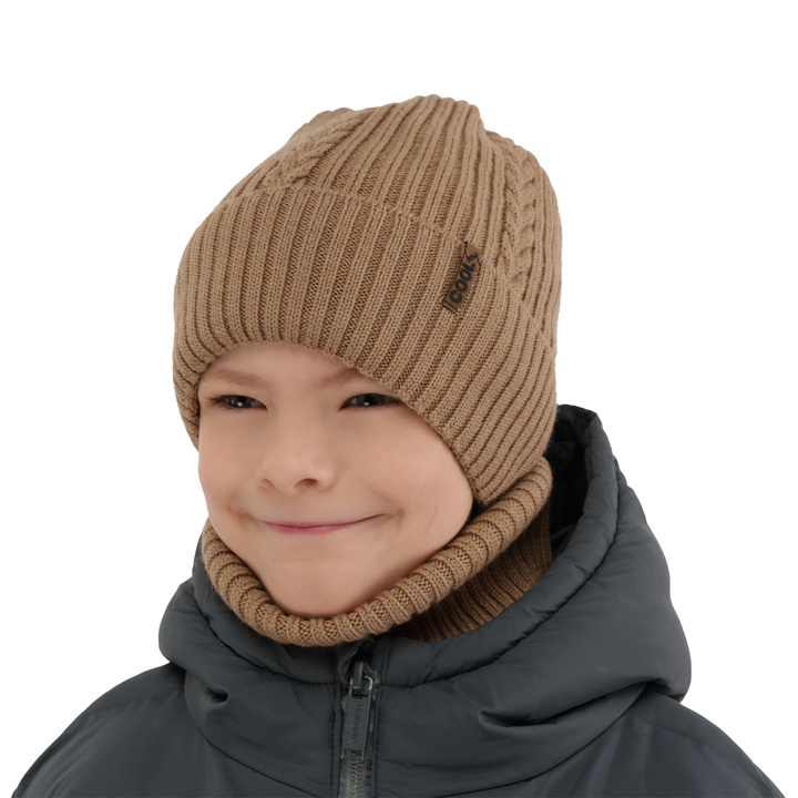 Winterset für Jungen: Mütze und Schlauchschal 100% extrafeine Merinowolle in Camel Wilson
