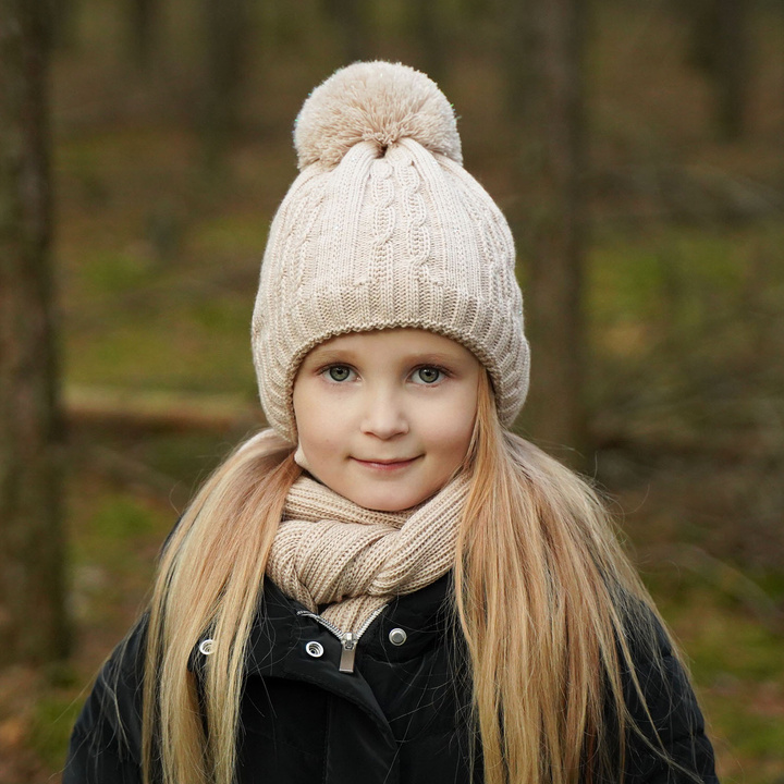 Winterset Mädchen: Mütze und Schal mit Bommel Beige Candy