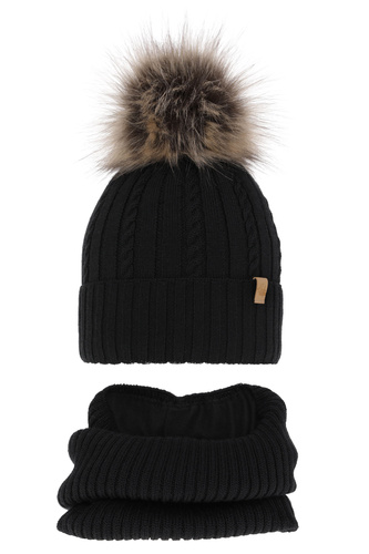 Winterset für Mädchen: Mütze und Schlauchschal aus Merinowolle in Schwarz Mirabel