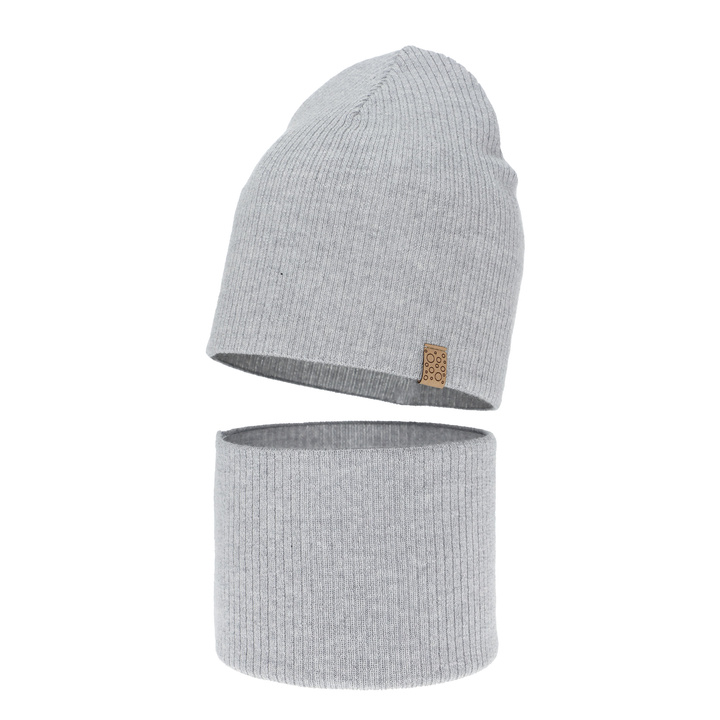 Herbst und Frühlingsset Mädchen: Mütze und Schlauchschal 100% extrafeine Merinowolle Grau Ricona