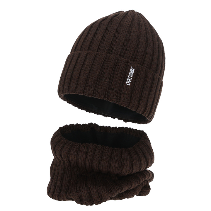 Winterset Jungen: Mütze und Schlauchschal, braun, mit Merinowolle, Fleecefutter, Banasko