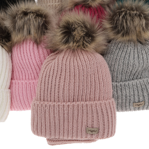 Winterset Mädchen: Mütze und Schlauchschal mit Bommel Grau Willow