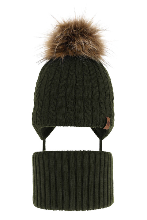 Winterset für Jungen: Mütze und Schlauchschal mit Bommel in Khaki Indigo