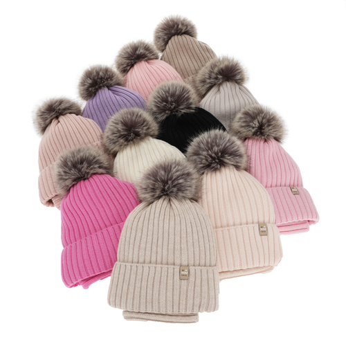 Winterset Mädchen: Mütze und Schlauchschal, beżowy, 100% Merinowolle, Baumwollfutter, mit Bommel, Terida