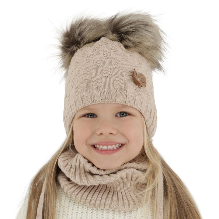 Winterset für Mädchen: Mütze und Schlauchschal mit zwei Bommeln in Beige Bettina