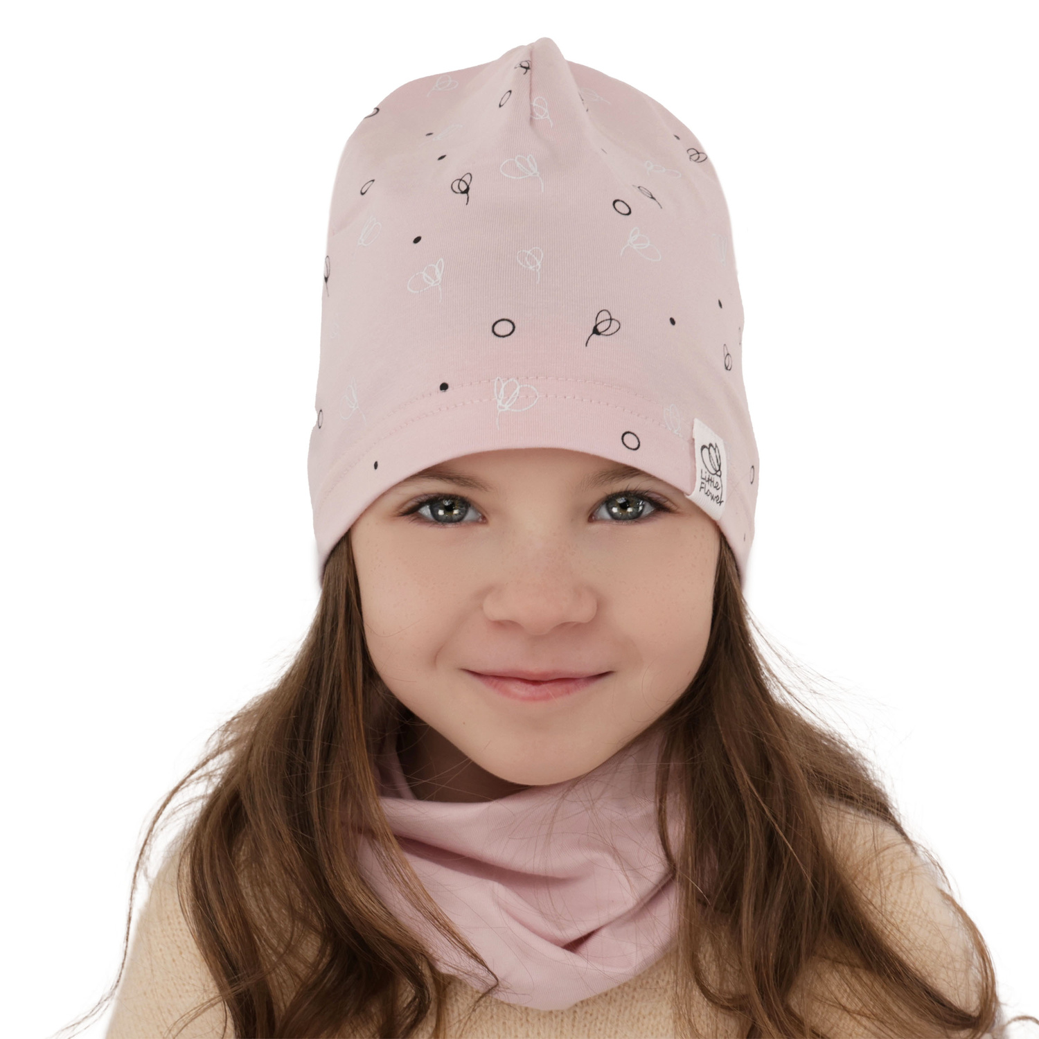 Herbst und Frühlingsset Mädchen baumwolle: Mütze und Schlauchschal Beige Fiora