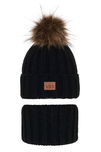 Winterset Jungen: Mütze und Schlauchschal mit Bommel Schwarz Remes