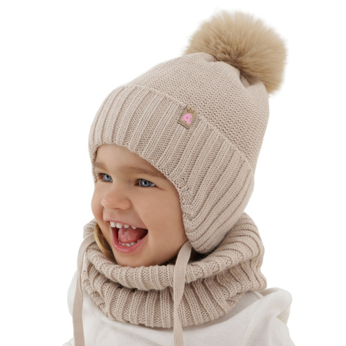 Winterset für Mädchen: Mütze und Schlauchschal mit Bommel in Beige Kaya